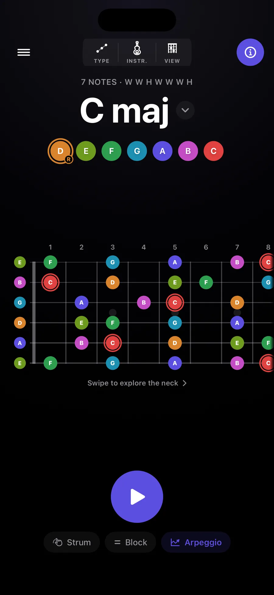 Chordology showing a C major chord on the guitar fretboard, each note colour-coded